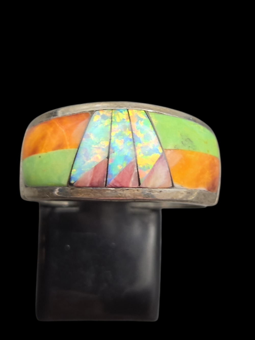 Multi-Color Spiny Oyster Opal Inlay Sterling Silver Ring 9.75